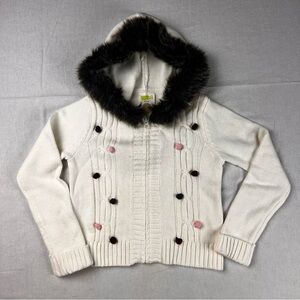 Crazy 8 White Knit Sweater with Faux Fur Hood Girls M (7-8)